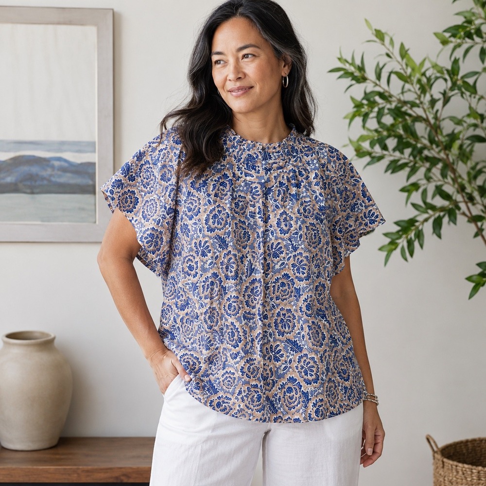 Banjanan Blue Tan Floral Block Print Cotton Ruffle Neck Blouse Large